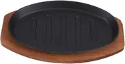 PartyKindom 1set Dual Handle Cast Iron Steak Pan with Wooden Base Grill Plate for Induction Cookers Non-Stick for Roasting for Family Dinners and Restaurants