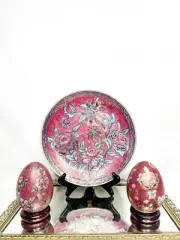 Vintage Set of Floral Tapestry Pattern Decorative Plate and Two Eggs