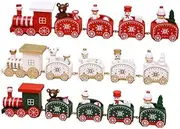 Wooden Christmas Train Decoration Set, 5-Piece Mini Train with Snowmen and Bears, 20 cm Length, Red White Green