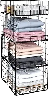 4 Pack Closet Organizers and Storage Shelves for Clothes, 4 Tier Stackable Closet Storage Basket Bin Container for Clothing Sweater Jean, Narrow, Foldable, Sturdy Metal Closet System Organizer Shelf