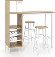 Giantex 3PCS Bar Table and Chair Set, Industrial Pub Table and Stools with Wine Glass Holders & 6-Bottle Wine Racks, Counter Height Dining Table Set for Living Room Dining Room Kitchen, Natural