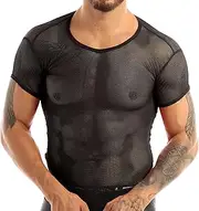 [FEESHOW] Men's See Through Mesh Fishnet Clubwear Short Sleeve T-Shirt Undershirt