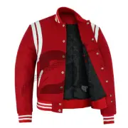 Varsity Bomber Baseball Teddy Red Wool & White Leather Strips Stylish Jacket