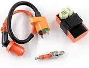 Trkimal High Performance Racing AC Cdi Box 6pin + Ignition Coil + 3 Electrode Spark Plug for GY6 50cc 80cc 125cc 150cc Moped Scooter ATV Go Kart