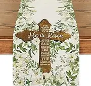 Happy Easter Table Runner He is Risen Tablecloth Watercolor Religious Jesus Decor Easter Decorations Easter Cross Lily Table Flags for Party Kitchen Dining Room Decorations