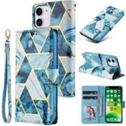 For Apple iPhone 11 Case Marble Painting Pattern With Lanyard Flip Wallet Case Leather Card Slots Stand Cover (Blue Gilding)