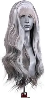 24Inch Grey Mixed White Wave Wig for Women Highlight Lace Front Wig with Natural Hairline Synthetic Daily Wear Wig(24inch)