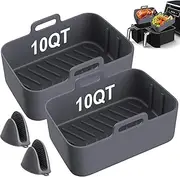 10QT Silicone Air Fryer Liners 2Pcs, Air Fryer Basket Accessories, Reusable Airfryer Baking Tray Pots for Dual DZ401 DZ550 with Mitts,Replacement of Parchment Liner Paper, Grey