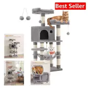 Elegant Light Gray Cat Condo - 2 Plush Perches, Hammock & Scratching Posts