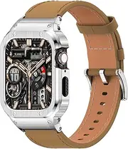 SUPLINK Metal Case with Leather Watch Band Compatible Apple Watch Bands 44mm 45mm,Stainless Steel Rugged Protector Cover Bumper Genuine Leather Strap for iWatch Series 8/7/6/5/4/SE for Men