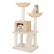 Costway 122CM Wooden Cat Scratching Post w/Dangling Balls & Hand Made Basket Bed Beige