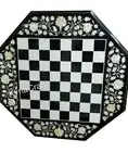 Octagon Black Marble Coffee Table Top Shiny Gemstone Inlay Work Chess Game Table