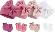 [AQOKKA] Newborn Baby Hats and Mittens Set Infant Bow Beanie Cap Toddler Gloves Newborn Hospital Hats for Baby Boy Girl 0-6 Months
