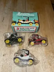 3 Olde Tyme Auto Hanging Christmas Tree Wooden Ornaments Cars 1982 NOS