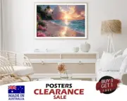 Sunny Beach with Pink Flowers & Tall Palm Trees 70x50cm Poster Prints