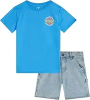[Volcom] Boys' Shorts Set - 2 Piece Short Sleeve Graphic T-Shirt and Denim Shorts - Casual Summer Outfit for Boys (Sizes: 2T-7), Blue, 4