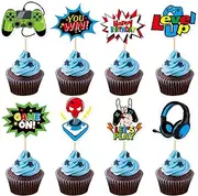 32PCS Video Game Cupcake Toppers Level Up Let's Play Game On You Win Cupcake Picks Gaming On Controllers Game Theme Baby Shower Kids Boys Girls Birthday Anniversary Party Decorations Supplies