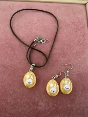 Easter Egg Bunny Cord Necklace With Earrings Set, Quirky Funky Colorful Jewelry