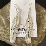 White Buffalo Turquoise Opal Sterling Silver Handmade Feather Earrings 18697