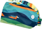 [YTYVAGT] 2-Pc,Scrub Bouffant Caps,Workout Hat with Sweatband Headgear for Women,Blue Yellow Green Striped Fox
