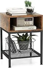 Giantex 40 cm Wood Top End Table w/Metal Frame, 3-Tier Square Side Table w/Storage Cube & Mesh Shelf, Home Accent Table, Nightstands Sofa Side Table, Compact Coffee Table for Bedroom, Living Room