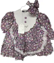 24" Doll Dress, New, Violet Floral Pattern, Slip, Lace Collar, Pantaloons & Bow