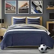 Comfort Spaces Quilt Set Trendy Casual Fun, Vibrant Color Design, Hypoallergenic All Season, Lightweight Coverlet Bedspread Cozy Kids Bedding & Sham Full/Queen Verone White Blue Stripe 3 Piece