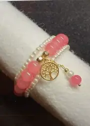 3 Piece Pink & White Beaded Tree of Life Charm Bracelet Multilayer