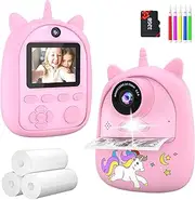 Instant Print Camera for Kids, Kids Camera with Unicorn Case, Best Unicorn Toys for 3 4 5 6 7 8 9 10 11 12 Year Old Girls, Christmas Birthday Gifts, HD Video Camera with Dual Lens, 32GB Card(Pink)