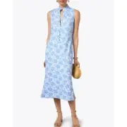 Sail To Sable Linen Blend Midi Dress Rose Floral Blue Resort Cottage XXS NWT