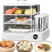 Electric Steamer, 1.5l with 2-Tier Digital Steamers with 12h Booking, 12 Modes Fast Heating Vegetable Steamers Stainless Steel Base with Boil Dry Protection Quick Cooking for Veggies, Meats, RIC