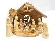 Olive Wood Nativity Set Handmade scene with bark angel vintage Gift 23.5*23.5Cm