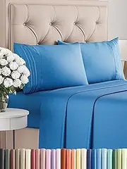 4 Piece Bed Sheet Queen Size Set, Flat Sheet, Fitted Sheet and 2 Pillowcases – Wrinkle Free, Soft Microfiber Sheets with Deep Pockets for Mattresses up to 35cm, Oeko-TEX Certified - Royal Blue
