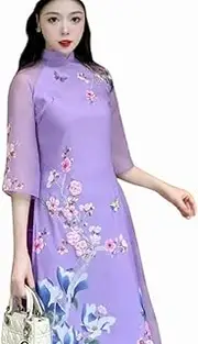 [HOADINH5953] Vietnamese Traditional Ao Dai, High Collar, Silk Fabric, Embroidery, Ao Dai Set Includes Ao Dai and Pant