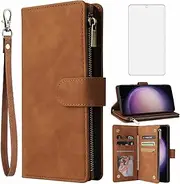 [Asuwish] Compatible with Samsung Galaxy S23 FE 5G Wallet Case Tempered Glass Screen Protector and Leather Flip Cover Card Holder Stand Cell Phone Cases for S 23 EF S23FE5G UW S23FE 23S Women Men Brown