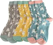 [Purple Possum] Cat Socks Ladies Soft Bamboo Cotton Blend Cats Print Cute Kitty shoe size 4 to 7 (3 Pair Pack Grey Blue and Yellow), Blue, Dusky Blue, Light Blue, Pale Blue, Sky, 3-7