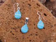 Tear DropTurquoise & Opal Petite Pendant & Earrings 3 pc Set Sterling Silver T16