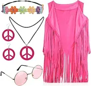 [XIHIRCD] 70s Outfit for Women, Hippie Costume Set Including Sleeveless Fringed Tank Top, Earrings, Necklace, Headband, Vintage Sunglasses Fringe Vest Costume 60s Disco Outfit for Women