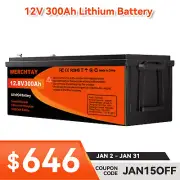 12V 300Ah Lithium LiFePO4 Iron Battery Phosphate Cycles Camping Rechargeable RV
