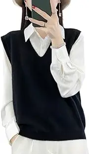 [Ailaile] Women's V-Neck Knit Sweater Vest 100% Merino Wool Lightweight Sleeveless Pullover Basic Vest Short Tops