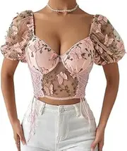 [Generic] Women Sexy Floral Embroidery Mesh T-Shirt Tulle Short Sleeve See Through Crop Tops