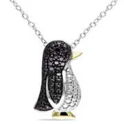 Enhanced Black Natural Diamond Accent Penguin Pendant in Tri-Tone Sterling Silver