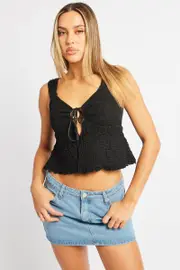 Black Tie Front Top Sleeveless Textured - Size 8, Women's Top