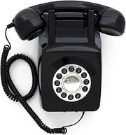 GPO 746 Wall-Mounted Push-Button Retro Landline Phone - Curly Cord, Authentic Bell Ring - Black