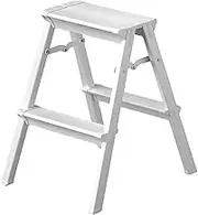 Step Ladder Stool, Lightweight Folding Step Stool with Anti-Slip Pedal, Sturdy Thickened Aluminium Storage Flower Stand Ladder for Home Kitchen and Office, Space SavingWhite,2 Steps