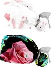 [YTYVAGT] 2-Pc,Nurse Scrub Caps,Scrub Hats with Buttons and Cotton Sweatband,Bunny Face and Heart