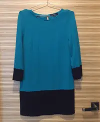 在飛比找蝦皮購物優惠-洋裝：Le Polka藍綠+黑拼接七分袖