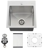 EcoChannels 15x15x10 inch Drop-In 16 Gauge Kitchen Sink/Bar/RV Single Bowl Sink