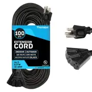 3 Outlets Outdoor Extension Cord 100 ft, 16/3 SJTW Black Extension Cord with ...