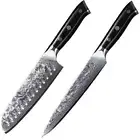 2Pcs Japanese 7'' Santoku Knife + 8'' Slicing Knife VG10 Damascus Steel Knives